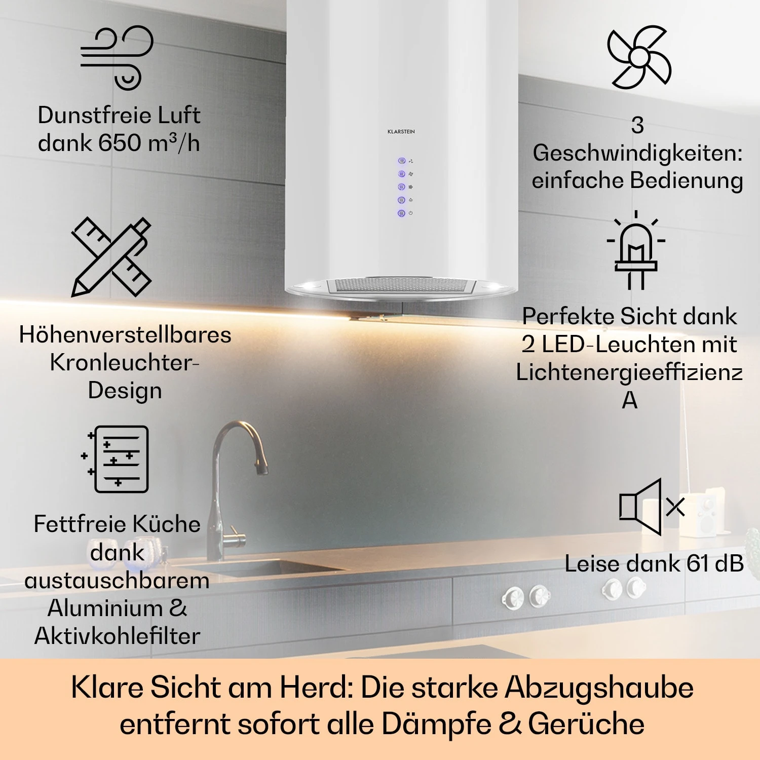 Beretta Inselabzugshaube Ø35cm Ab-/Umluft 650m³/h LED Edelstahl 4 Beretta Inselabzugshaube Ø35cm Ab-/Umluft 650m³/h LED Edelstahl – Bild 2