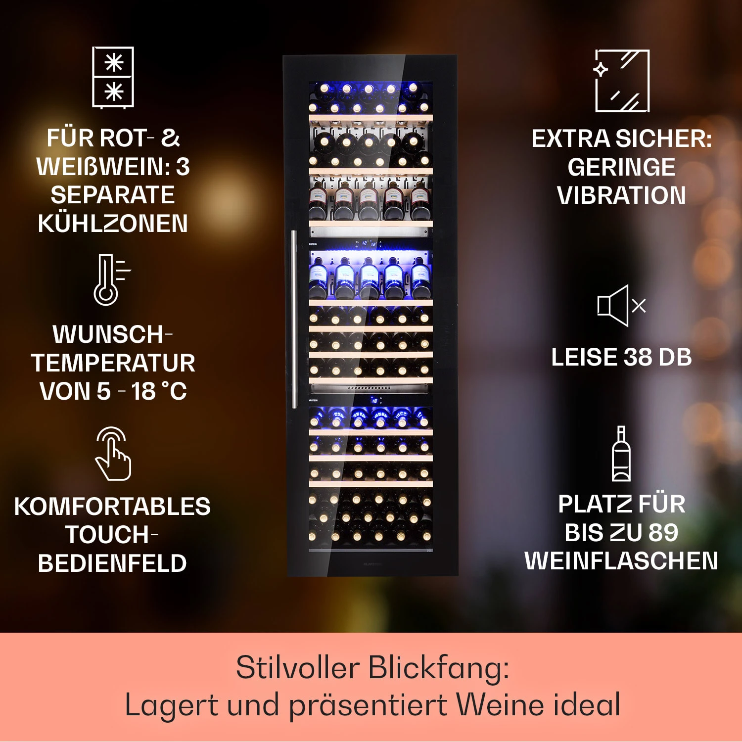 Vinsider 89 Built-In Trio Built-In Weinkühlschrank 5 – 18 °C Touch-Bedienfeld Holzregale 4 Vinsider 89 Built-In Trio Built-In Weinkühlschrank 5 – 18 °C Touch-Bedienfeld Holzregale – Bild 2