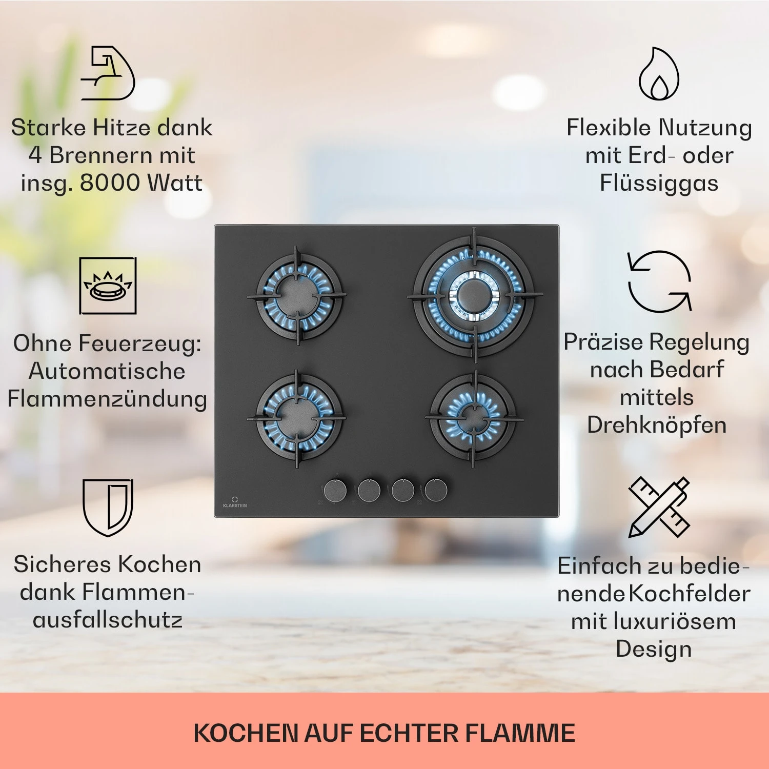 Firetale Gaskochfeld 4-flammig 60 Cm Aluminium-Brenner Inkl. Schlauch Und Druckminderer 4 Firetale Gaskochfeld 4-flammig 60 Cm Aluminium-Brenner Inkl. Schlauch Und Druckminderer – Bild 2