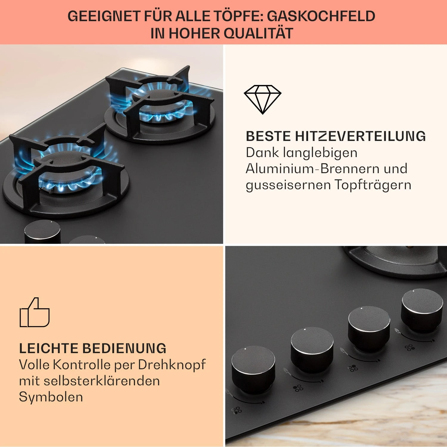 Firetale Gaskochfeld 4-flammig 60 Cm Aluminium-Brenner Inkl. Schlauch Und Druckminderer 6 Firetale Gaskochfeld 4-flammig 60 Cm Aluminium-Brenner Inkl. Schlauch Und Druckminderer – Bild 4