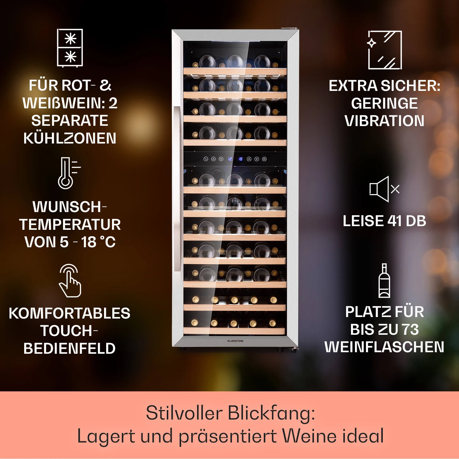 Vinamour 73 Duo Weinkühlschrank 2 Zonen 192 L/73 Flaschen 5-18°C Touch 4 Vinamour 73 Duo Weinkühlschrank 2 Zonen 192 L/73 Flaschen 5-18°C Touch – Bild 2